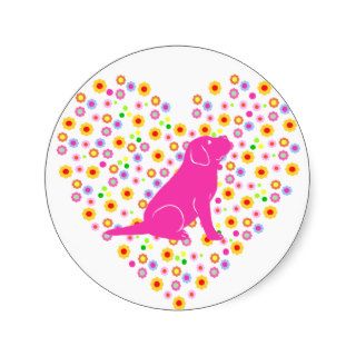 Pink Lab Puppy Outline Silhouette Floral Heart Round Stickers