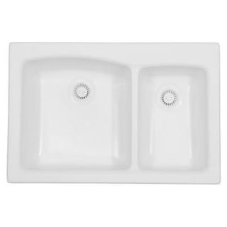 Karran Self Rimming Acrylic 33x22x9 0 Hole 70/30 Double Bowl Kitchen Sink in White/Matte Finish Karran Laguna   White