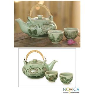 Set of 2 Ceramic 'Spring Lotus' Celadon Tea Pot and Cups (Thailand) Novica Tea & Coffee Sets