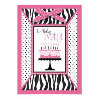 Wild Zebra Print & Birthday Cake Pink Custom Announcements