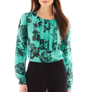 Worthington Long Sleeve Pleated Blouse, F. Turq Robin Flor