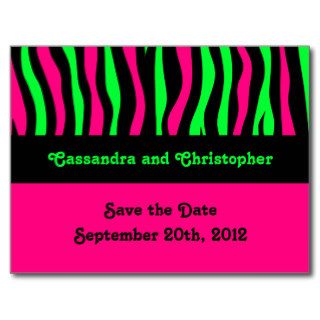 Neon green and pink zebra save the date wedding post card