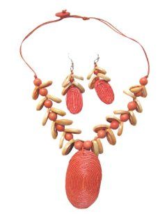Set of Cowry Shells Wooden Beads and Coconut Seed Corded Necklace and Earrings (A) Jewelry