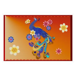 Fancy Peacock and Flowers wide Poster
