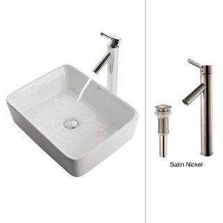 Kraus C KCV 121 1002SN White Rectangular Ceramic Sink and Sheven Faucet, Satin Nickel    