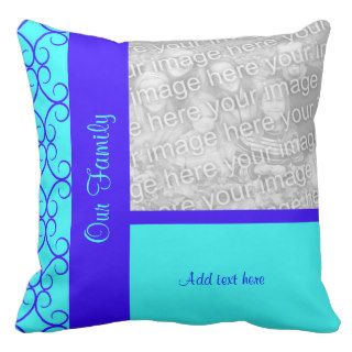 Royal blue and aqua color fancy swirl Our Family Throw Pillows