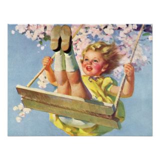 Vintage Girl Swinging on Tree Swing Birthday Party Announcements