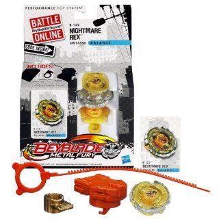 Hasbro Year 2012 Beyblade Metal Fury Performance Battle Tops   Balance SW145SD B 132 NIGHTMARE REX with Face Bolt, Rex Energy Ring, Nightmare Fusion Wheel, SW145 Spin Track, SD Performance Tip and Ripcord Launcher Plus Online Code Toys & Games