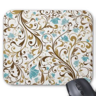 Blue Green Flowers & Brown Swirls Mouse Pad