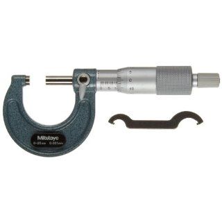 Mitutoyo 103 129 Outside Micrometer, Baked enamel Finish, Ratchet Stop, 0 25mm Range, 0.001mm Graduation, +/ 0.002mm Accuracy