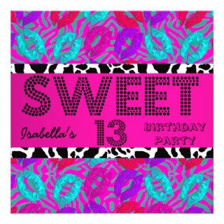 Sweet 13 13th Birthday Lips Cow Purple Pink Teal Custom Invites