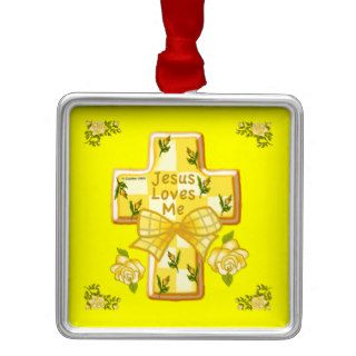 Yellow Jesus Loves Me Cross Ornaments
