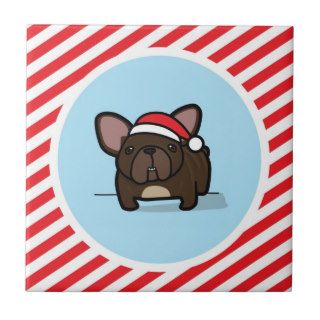 Brindle Frenchie on Candy Cane Stripes Ceramic Tiles