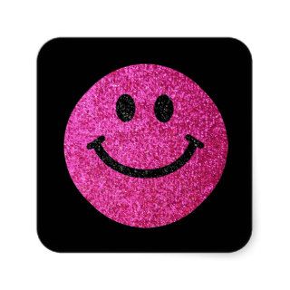 Hot pink faux glitter smiley face square stickers