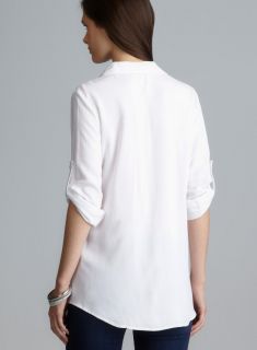 Spense White Split Neck Two Pocket Tab Sleeve Collared Tunic Spense Long Sleeve Shirts