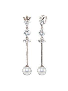 14k White Gold, Faux Pearl Dangling Drop Earring Lab Created Gems Jewelry