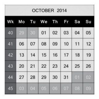 October 2014 Calendar numbered weeks Print