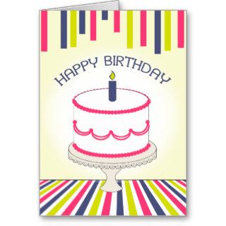 Pink & White Birthday Cake & Colorful Stripes Card
