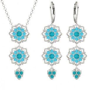 Victorian Style Jewelry Set Pendant and Earrings by Lucia Costin with Turquoise   Green and Turquoise Swarovski Crystals, Adorned with Delicate 8 Petal Flowers; .925 Sterling Silver Lucia Costin Jewelry