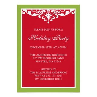 Red Green Flourish Scroll Christmas Holiday Party Personalized Invites