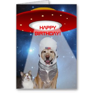 Funny Space Theme, Dog & Cat Birthday Greeting Cards