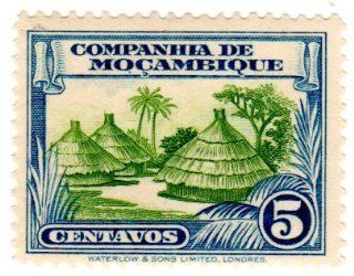 Postage Stamps Mozambique Company. One Single 5c Blue & Yellow Green Thatched Huts Stamp Dated 1937, Scott #176. 