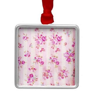 Shabby Chic Girly Pink Roses Stripes Pattern Christmas Tree Ornament