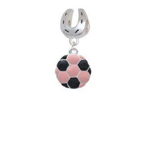 2 D Pink Soccerball Silver Lucky Horseshoe Charm Bead Dangle Jewelry