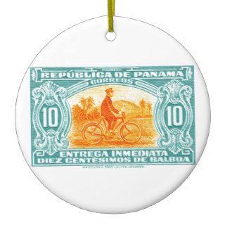 1929 Panama Bicycle Messenger Postage Stamp Christmas Tree Ornaments