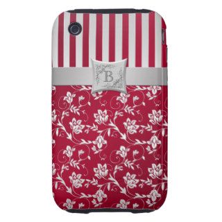 Monogram Red, Silver Flowery Striped iPhone3 Tough iPhone 3 Covers