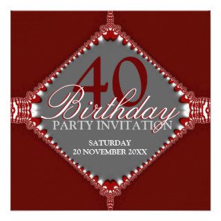 40th Dark Red & Grey Elegant Birthday Party Invita Custom Invite