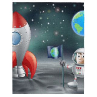Cartoon astronaut vintage space rocket on moon jigsaw puzzles