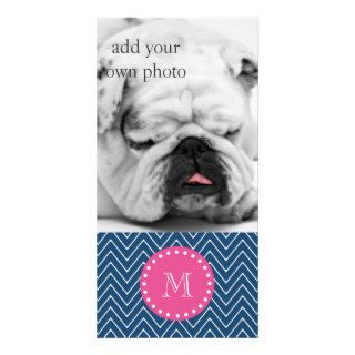 Hot Pink, Navy Blue Chevron  Your Monogram Personalized Photo Card
