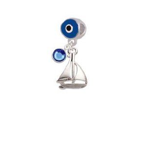 Antiqued Silver Sailboat Blue Evil Eye Charm Bead Dangle with Crystal Drop Jewelry