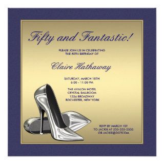 Blue Gold High Heels Womans 50th Birthday Custom Invitations