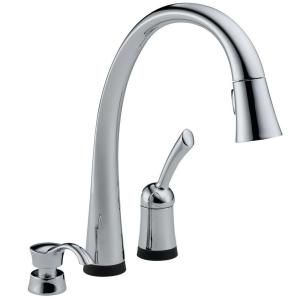Delta Pilar Single Handle Pull Down Sprayer Kitchen Faucet with Soap Dispenser in Chrome Featuring Touch2O Technology 980T SD DST