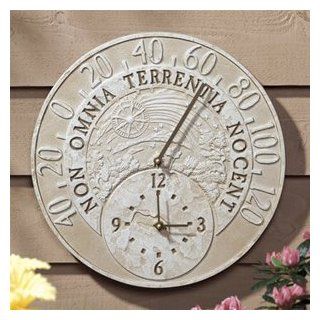 Fossil Celestial Thermometer Clock   Weathered Limestone  Outdoor Clocks  Patio, Lawn & Garden