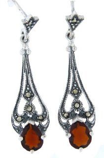 Victorian Teardrop Red CZ & Marcasite Sterling Silver Dangle Earrings   New Marcasite & Teardrop Garnet Jewelry