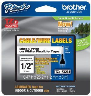 Brother Laminated Flexible ID 1/2 Inch Tape, in Clam Retail Packaging, Black on White (TZeFX231CS)   Retail Packaging  Labels 