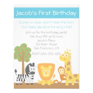 Safari Animals theme first birthday party Invites