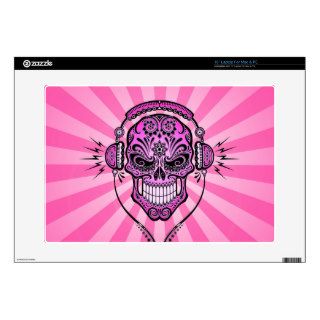 Pink DJ Sugar Skull with Rays of Light Laptop Decal