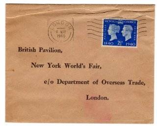  Postage Stamps Great Britain. New York World's Fair Souvenir Envelope with 2 1/2p Bright Ultra Victoria & George VI Stamp Dated 1940, Scott #256. 