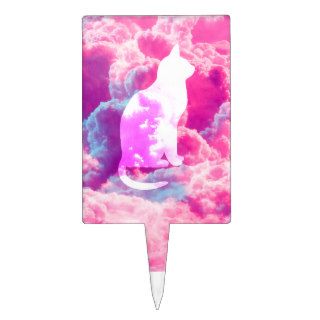 Girly Cute Cat Vector Bright Pink Clouds Space Cake Toppers