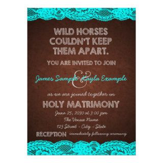 Brown and Antique Teal Blue Lace Wedding Personalized Invites