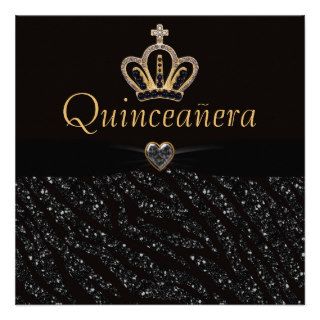Quinceanera Princess Crown, Heart & Zebra Glitter Personalized Invites