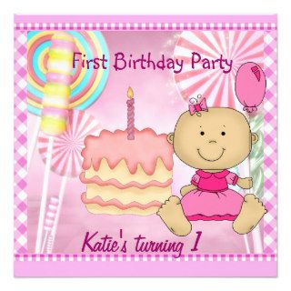 First Birthday Party Child's Girl Pink Cake Custom Invitations