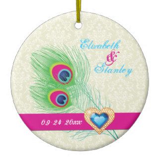 Peacock feather jewel heart wedding Save the Date Christmas Ornament