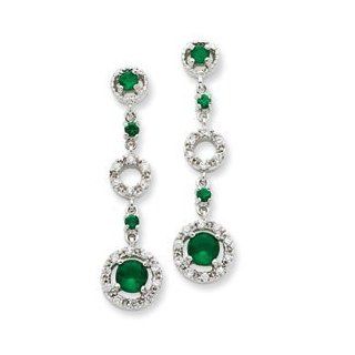 Sterling Silver Green Glass & CZ Dangle Post Earrings Jewelry