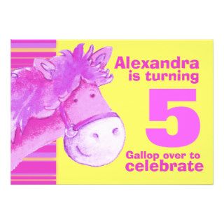 Kids pony 5th birthday pink yellow birthday invite