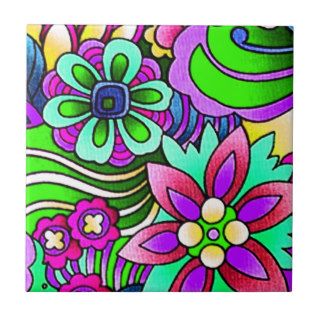Whimsical bright purple pink abstract flowers tiles
